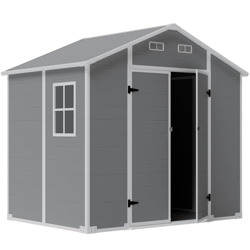 LARBANKE Caseta de jardín resistente a la intemperie, 9,03 m³, plástico, 255 × 182 × 230 cm, caseta con suelo y techo, cobertizo de jardín, incluye ventana y rampa, puerta con cerradura y ventilación