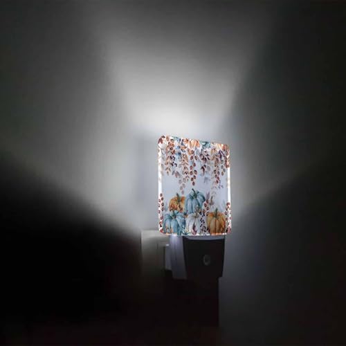 Image of Fall Thanksgiving Pumpkin Night Light Plug in LED Automatic Sensor Kids Night Lights, Farm Vintage Eucalyptus Leaves Night-Lights Plug into Wall for Bedroom Bathroom Kitchen Decor
