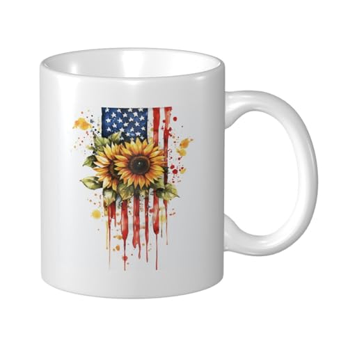 Taza de cerámica con diseño de girasol y bandera americana de acuarela, elegante taza de café, taza de agua para casa y oficina, 325 ml