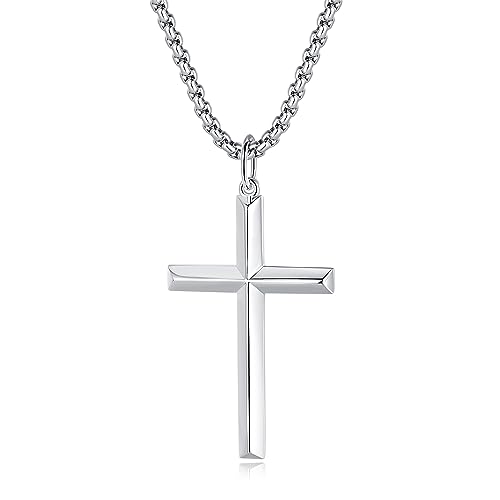 FANCIME 925 Sterling Silber Weiß Vergoldet Kreuz Anhänger mit Edelstahl Kette für Herren Jungs Kinder - Kettenlänge: 60 cm