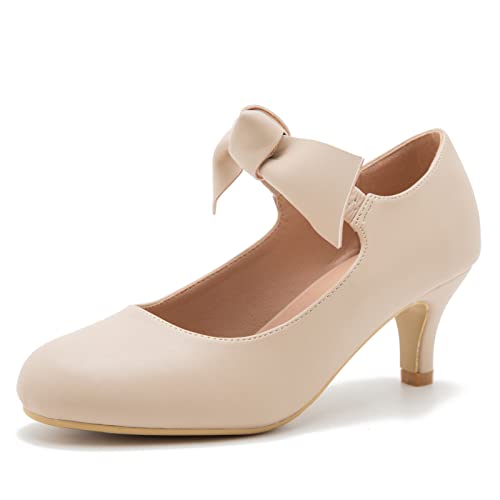 Women's Bowknot Mary Jane Low Kitten Heel Pumps Closed Toe Elastic Strap Dress Office Work Bridal Wedding Party Shoes