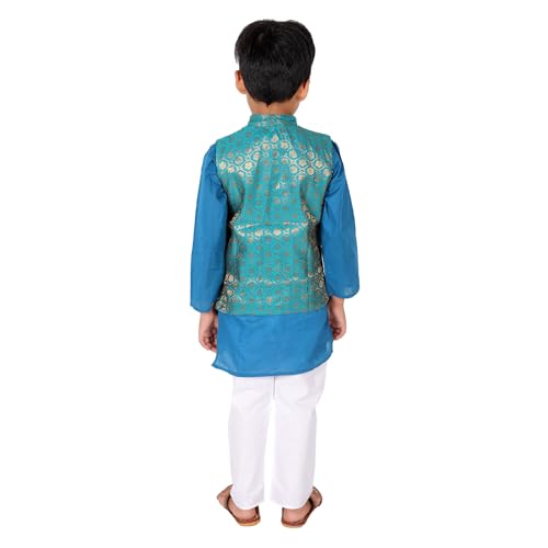 Image of Superminis Boy's Cottton Kurta Cotton Brocade Printed With Golden Thread Work Nehru Jacket and Elastic Closure Pyjama Set