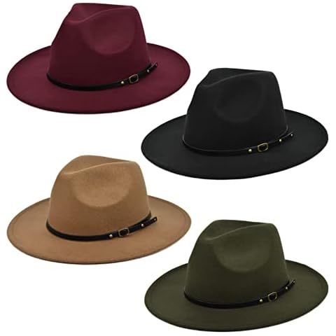 Women Classic Wide Brim Fedora Hat, 4 Pack Retro Panama Hat Wool Fedora Hat with Belt Buckle (Black+Army Green+Camel+Wine Red) Cover