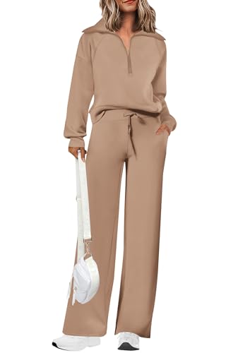 PRETTYGARDEN Two Piece Outfits For Women Fall 1/2 Zip Pullover Sweatshirt Drawstring Pants Lounge Sets (Khaki,Large)