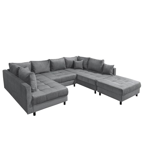 Riess Ambiente Moderne XXL Wohnlandschaft Kent - 305cm - anthrazit Cord - Bigsofa inkl. Hocker mit Federkern Couch