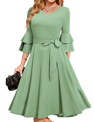 Image of DRESSTELLS Women's Cocktail Dress Summer Wedding Guest Party Vintage 3 /4 Bell Sleeve V Neck A-Line Dress