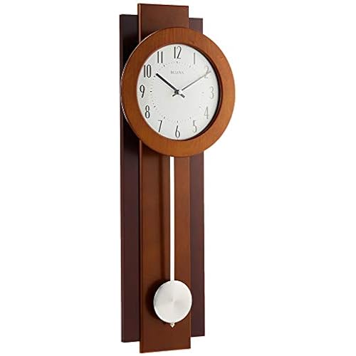 Bulova C3383 Avent Wall Clock | Two-Tone Wooden Case with Slow-Swing Pendulum | Arabic Numerals | Personalization Plate | 23.5" Height
