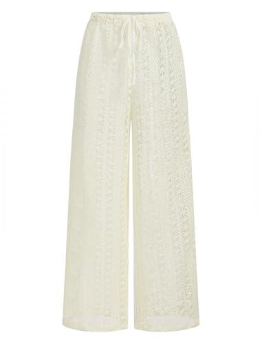 Image of ZAFUL Womens Beach Cover Up Pants Sexy Crochet Drawstring Elastic Boho Swimsuit Cover Up Long Pants Beach Wear