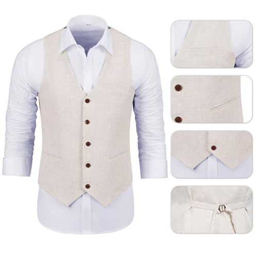 Linen Wedding Suits for Men Beige 3 Pieces Prom Tuxedoes Linen Suit Jacket Vest Pant for Men Groomsmen Attire BE-34283