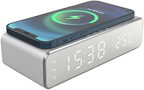 Lonferuo LED Smart Digital Alarm Clock with Wireless Charger, Thermometer and Time, Qi-Certified for Bedroom, Meeting, Travel, Homework and More (Silver)