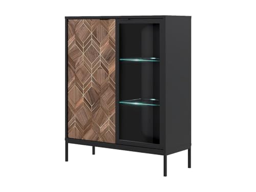 Vente-unique-Vitrina de 2 Puertas con Leds - Negro y Natural Oscuro - MIALINE