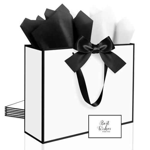 Ethhqu 3 Pack Elegant Large Gift Bags with Handles 12.6x10x4 Inch - Set Includes Tissue Paper & Cards for Birthday Baby Shower Wedding Anniversary Mothers Day & Holiday Gifts (3Pcs White with Black Rim)