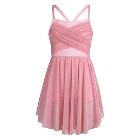 Freebily Kinder Mädchen Pailletten Ballettkleid Ballettanzug Tanzkleid Latein Ballettbody mit Asymmetrisch Röckchen Gymnastik Kleid Tanz Kostüme Perlrosa_B 128/8 Jahre Cover