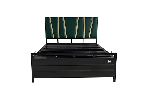Image of Furniture Beliza Metal Bed Frame with Hydraulic Storage, King Size Platform Bed, Bed with Storage, Iron Bed Frame - Black (Pine Headboard) (King Size 6X6 with Mattress)