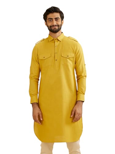 Kurta homme Manyavar Pathani en pur coton jaune uni 3XL finitions de prestige