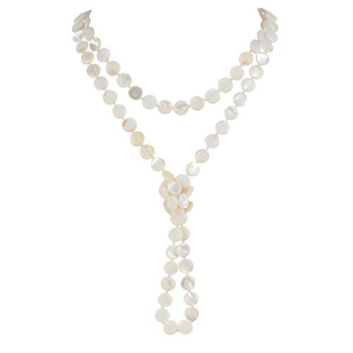 Firstmeet Flat Round Coin Shell Beads Long Knotted Necklace Natural Mother of Pearl Handmade Jewelry For Women