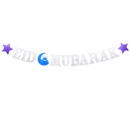 Eid Mubarak Letter Banner Garland met Ster en Maan Moslim Ramadan Party Supplies Decoraties, Blue Eid Celebration DIY Decor voor Moslim (Zilver)