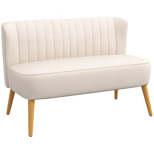 HOMCOM Sofa 2 Sitzer Couch, Kleine Loveseat mit Samt-Optik Modern Polstersofa für Wohnzimmer, Schlafzimmer, kleinen Raum, Cremeweiß 117 x 56,5 x 77 cm