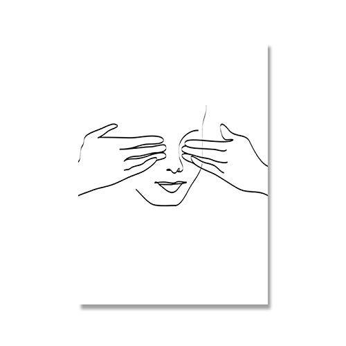 Abstraktes Frauengesicht, Kunstdruck, niedlich, schwarz, weiß, minimalistisch, Badezimmer, Strichzeichnung, lustiges Toilettenposter, Wandkunst, Heimdekoration, 50 x 70 cm, rahmenlos Cover