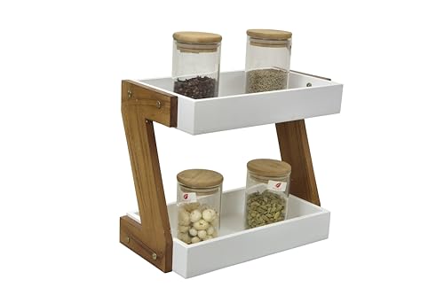 Image of Multipurpose Wooden Triangluar Countertop Spice Rack | Kitchen Counter Top Organizer | 2-Tier Kitchen Storage Organizer Tiered Shelf| Jars And Bottle Holder & Kithen Decor Item