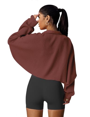 Image of Panadila Women's Cropped Waffle Knit Shacket Short Button Down Jacket Batwing Sleeve Shirts with Pocket
