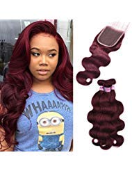 Aigemei Wine Red Burgundy Bundles with Closure 8A Body Wave Peruvian Virgin Human Hair Color 99J Hair Weaves with 4x4 Free Part Lace Closure(18''20''22''+16''Closure,Color 99J)
