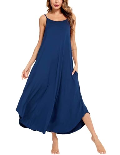 Image of SWOMOG Women Long Nightgown Pajama Dress Soft Strap Nightdress Summer Sleeveless Nightshirt Lounge Dress with Pockets