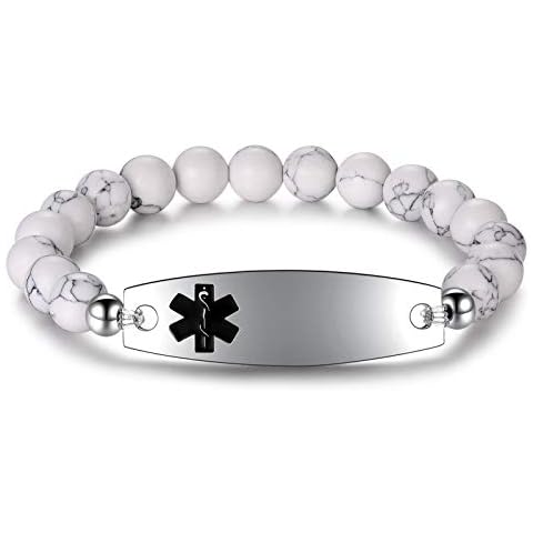 JF.JEWELRY Medical Alert Bracelets for Women | Custom Medical Bracelets For Women Natural White Turquoise Beaded Medical Alert ID Bracelet, Free Engraving Cover