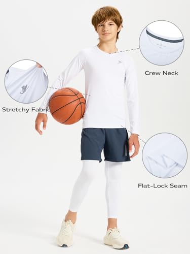Image of DEVOROPA Youth Boys Compression Shirt Long /Short Sleeve Football Baseball Undershirt Quick Dry Kids Sports Baselayer Crewneck