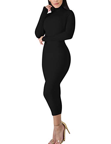 BORIFLORS Women's Sexy Basic Long Sleeve Turtleneck Bodycon Party Long Pencil Dress,Large,Black - Image 2