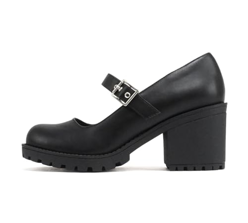 Soda “Eviana” ~ Women Mary Jane Round Toe Mid Chunky Block Heel Lug Sole Pump with Adjustable Strap