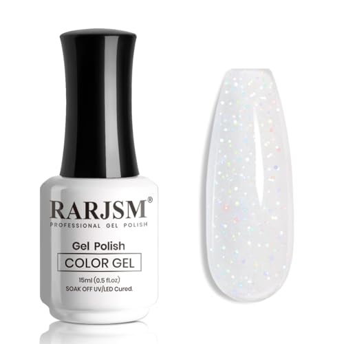 RARJSM Nude Milky White Gel Nail Polish Blue Tone Rainbow Glitter Chunky Iridescent Sparkle Shimmer Diamond Jelly Transparent Gel Polish Single Bottle Soak off UV LED Cured for Home Salon Manicure