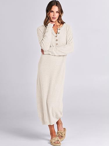 Image of ANRABESS Women Long Sleeve Button V Neck Oversized Casual Loose Fit Waffle Knit Fall Midi Sweater Dress 2026 Trendy Outfits