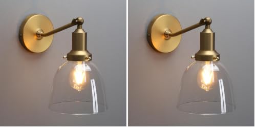 Image of PERMO Industrial Vintage Slope Pole Wall Mount Single Sconce with 6.7 inch Oval Dome Clear Glass Shade Antique Gold Wall Sconce Light Fixture (Pack of 2)