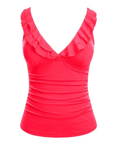 Image of Ruffle V Neck Tankini Top Only Women Tummy Control Swimsuit Tank Top | Removable cups for custom bust lift, Blend soft spandex to stretch easily