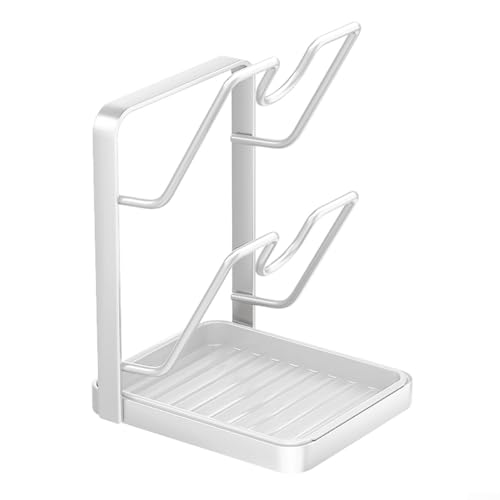 Honseadek Kitchen Organizer Pot Lid Holder with Spoon Rest - Countertop Rack for Lids, Utensils and Rags, Durable PP + Carbon Steel Construction, White(White)