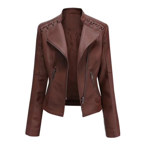 Veste en cuir pour femme en PU premium texturé manteau court slim finition col montant