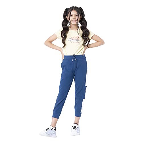Image of Red Tape Girls' Cotton Blend Regular Fit Blue Color Block Activewear Jogger Pants