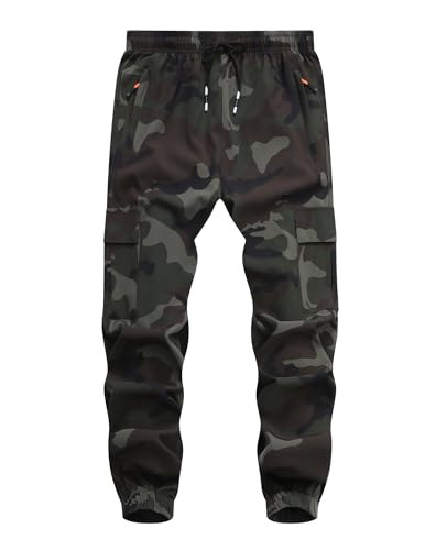 WaltZon Boys Cargo Joggers Pants Youth Quick Dry Hiking Pull-On Lightweight Pants for Sports Outdoor with Zipper Pockets(3801-Green Camo14)
