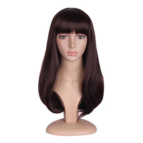 MapofBeauty 20 Inch/50cm Fashion Girl Natural Medium Length Curly Wigs Flat Bangs Wigs (Dark Brown)