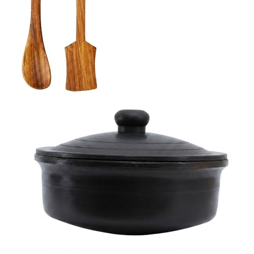 Image of Black Clay Pot for Cooking with Lid | Mitti ka Bartan for Healthy Cooking | Clay Handi | Earthen Kadai | Traditional Handmade Terracotta Cookware for Serving | Natural and Organic 2.5 L