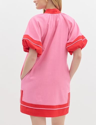Image of Esmeling Women's Color Block Pullover Dress V-Neck Puff Sleeve Dress Mini Shirt Dress with Pockets