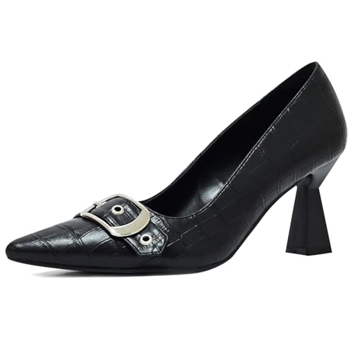 Kitten Heels for Women 3-Inch Closed Toe Pumps Dress Shoes Pointed Toe Buckle Strap Trendy Sexy Heel Comfortable Slip On Heeled Pump for Work Party Wedding,Black,Size 9