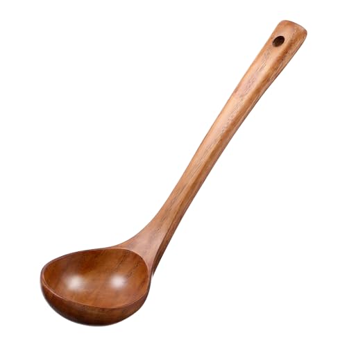 DOPENSPI Louche en bois avec manche de 28 cm de long - Grande cuillère de cuisine en bois naturel - Texture naturelle - Cuillère à bouillie - Cuillère à soupe