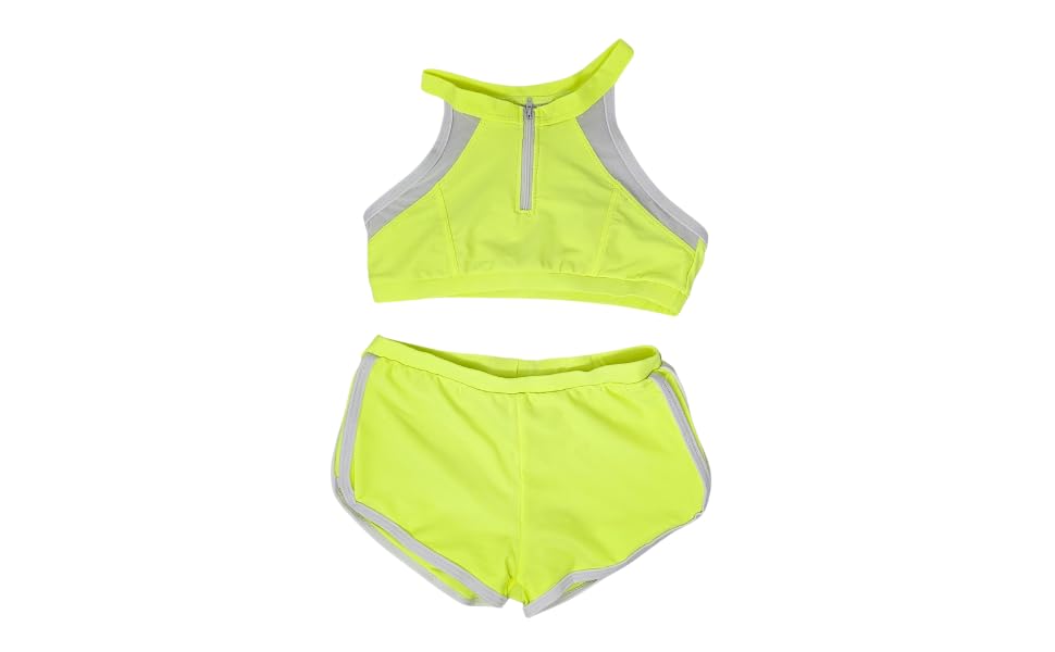 Image of Girls Two Piece Print, Solid Color Bikini Bathing Suit Fluorescent Green 8-10 Years