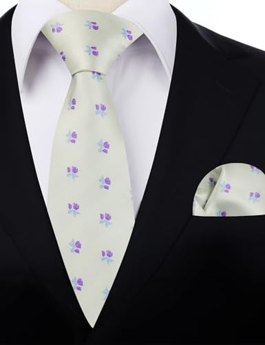 Image of Alizeal Mens 3.15'' Light Color Rustic Tie Handkerchief | with Flower Printed Handkerchief for Wedding Business Daily Wear