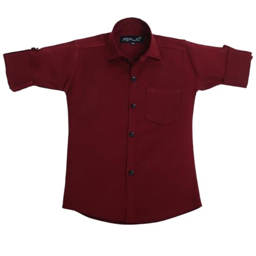 Image of Boys Kids Maroon Cotton Shirt, Long Roll-Up Sleeves, Party, Age 2-8 Years