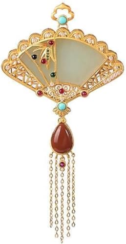 翡翠、グリーン翡翠ネックレス、45CM革新的なシルバー象眼細工ゴールドヘティアンジェイドファンネックレスペンダント中国スタイルレディースジュエリー