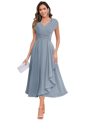 Tea Length Mother of The Bride Dresses for Women A Line V Neck Pleated Chiffon Wedding Guest Dress
