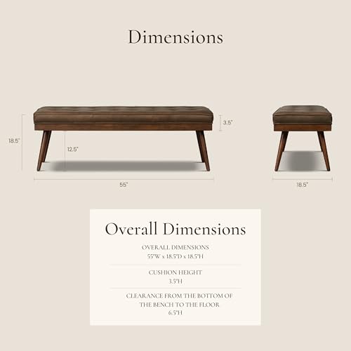 Image of Poly & BARK 55 inch Tufted Leather Bed Bench for Bedroom End of Bed - Living Room Entry Way Bench - Pure Italian Leather Upholstery with a Solid Wood Frame - Ottoman Bench with Wooden Legs - Cocoa Brown